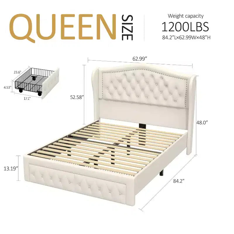 Struttura Letto Matrimoniale 133,6 cm di altezza con 2 Cassetti, Testiera in Velluto a Trapunta e Design con Alette Laterali