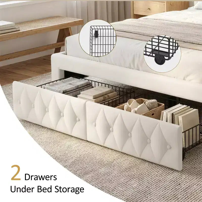 Struttura Letto Matrimoniale 133,6 cm di altezza con 2 Cassetti, Testiera in Velluto a Trapunta e Design con Alette Laterali