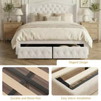 Struttura Letto Matrimoniale 133,6 cm di altezza con 2 Cassetti, Testiera in Velluto a Trapunta e Design con Alette Laterali