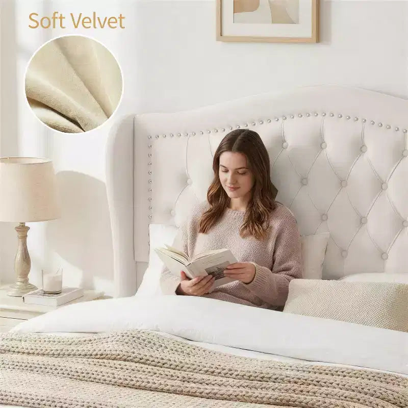 Struttura Letto Matrimoniale 133,6 cm di altezza con 2 Cassetti, Testiera in Velluto a Trapunta e Design con Alette Laterali