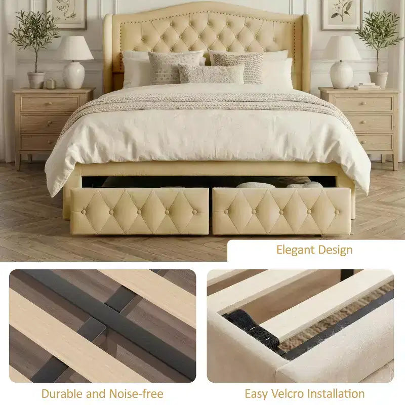 Struttura Letto Matrimoniale 133,6 cm di altezza con 2 Cassetti, Testiera in Velluto a Trapunta e Design con Alette Laterali