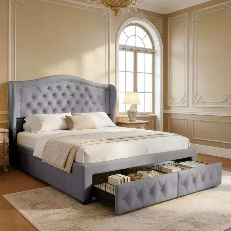 Struttura Letto Matrimoniale 133,6 cm di altezza con 2 Cassetti, Testiera in Velluto a Trapunta e Design con Alette Laterali