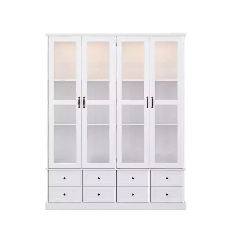 Vetrina-libreria bianca con illuminazione LED RGB, cassetto e ante in vetro