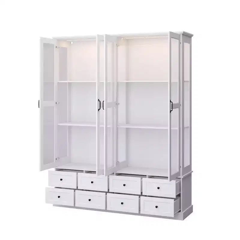 Vetrina-libreria bianca con illuminazione LED RGB, cassetto e ante in vetro