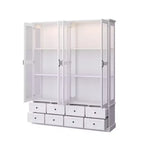 Vetrina-libreria bianca con illuminazione LED RGB, cassetto e ante in vetro