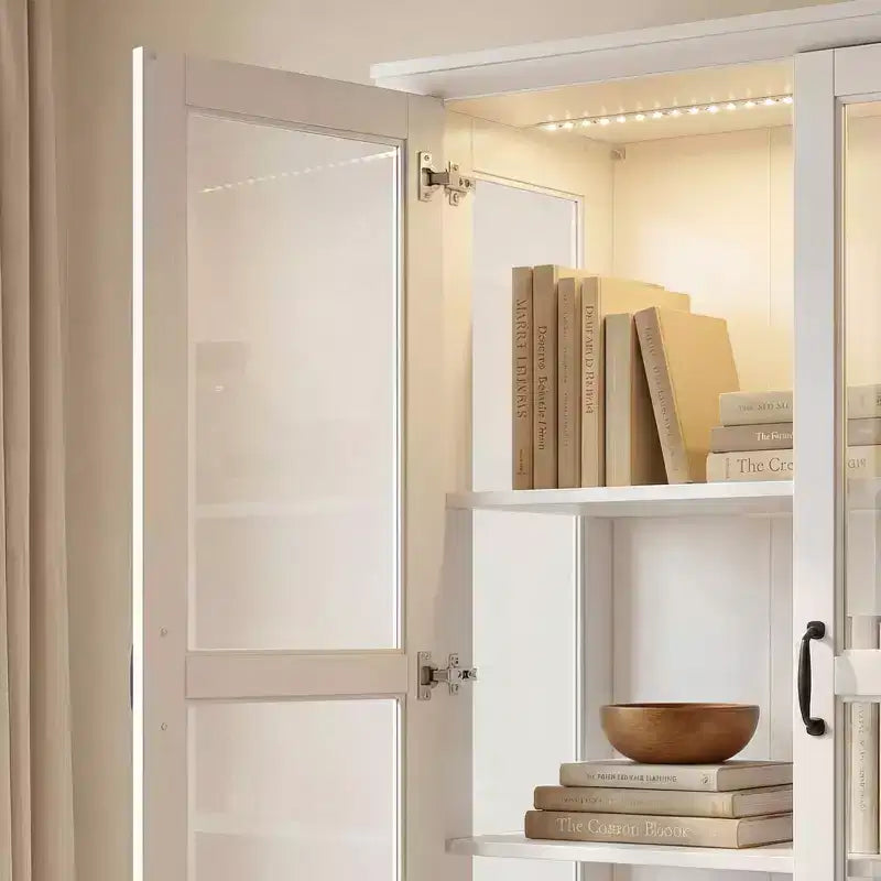 Vetrina-libreria bianca con illuminazione LED RGB, cassetto e ante in vetro