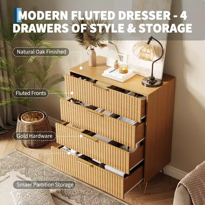 Cassettiera, 32 Pollici Larga Moderna con Scanalature e Maniglie in Metallo, Organizzatore Porta Abiti a 4 Cassetti