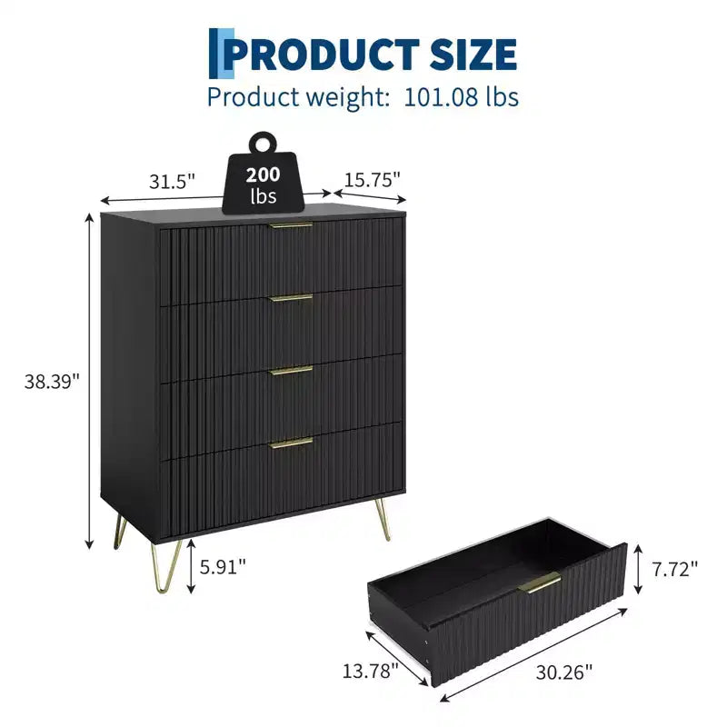 Cassettiera, 32 Pollici Larga Moderna con Scanalature e Maniglie in Metallo, Organizzatore Porta Abiti a 4 Cassetti