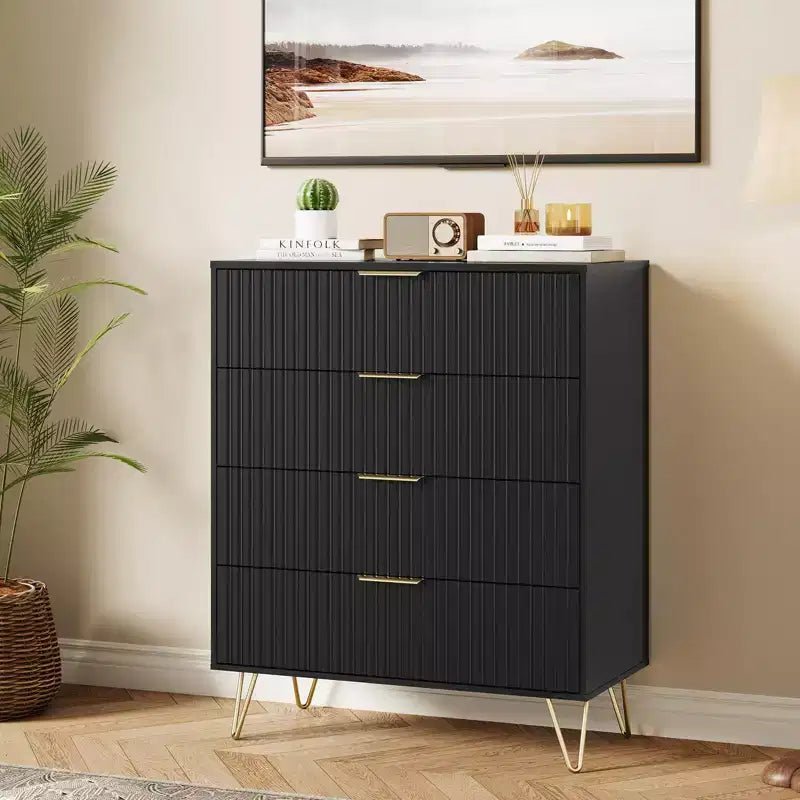 Cassettiera, 32 Pollici Larga Moderna con Scanalature e Maniglie in Metallo, Organizzatore Porta Abiti a 4 Cassetti