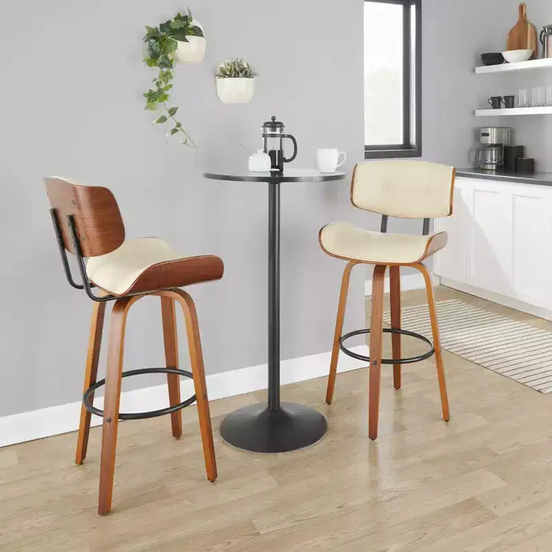 Set di 2 sgabelli da bar ad altezza fissa con schienale intero e poggiapiedi - noce/nero/PU crema