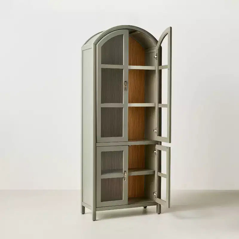Mobile ad arco a 4 ante scanalate in legno e vetro verde salvia