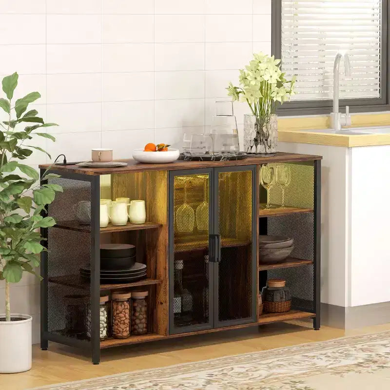 Mobile Bar del Vino con Luci LED, Stazione di Ricarica e Porta Bicchieri - Marrone