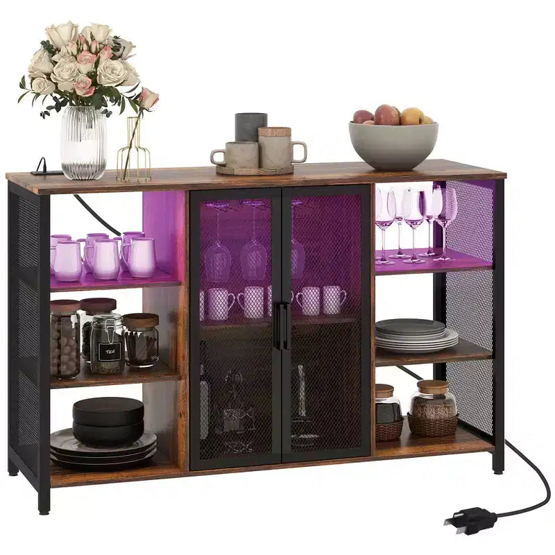 Mobile Bar del Vino con Luci LED, Stazione di Ricarica e Porta Bicchieri - Marrone