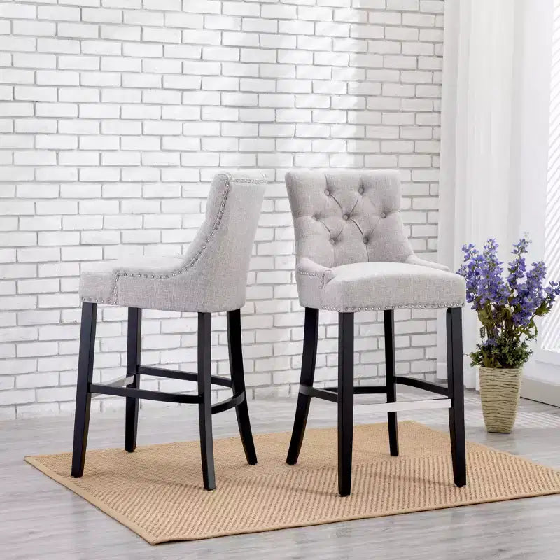 Sgabello da bar con schienale ad ala, imbottito in lino, con bottoni, 74 cm, set da 2 - Grigio chiaro
