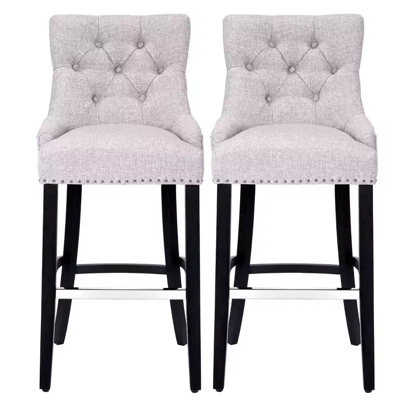 Sgabello da bar con schienale ad ala, imbottito in lino, con bottoni, 74 cm, set da 2 - Grigio chiaro