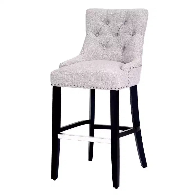 Sgabello da bar con schienale ad ala, imbottito in lino, con bottoni, 74 cm, set da 2 - Grigio chiaro