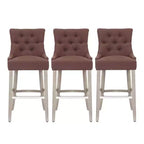 Set di 3 sgabelli da bar con schienale ad ala, imbottiti in lino con bottoni, 74 cm - Marrone