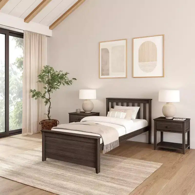Struttura Letto a Piattaforma Matrimoniale Classica in Legno Massello con Testiera a Doghe