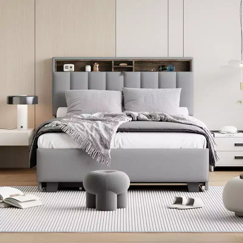 Letto a piattaforma imbottito Full/Queen con testiera contenitore, letto estraibile, 2 cassetti e porte USB
