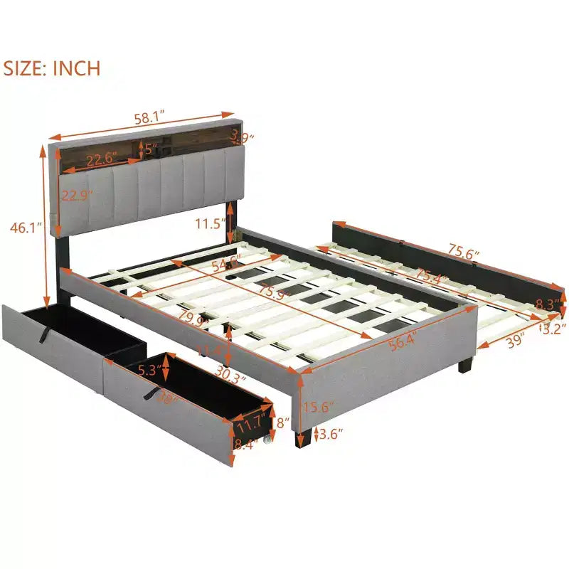 Letto a piattaforma imbottito Full/Queen con testiera contenitore, letto estraibile, 2 cassetti e porte USB