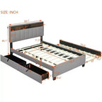 Letto a piattaforma imbottito Full/Queen con testiera contenitore, letto estraibile, 2 cassetti e porte USB