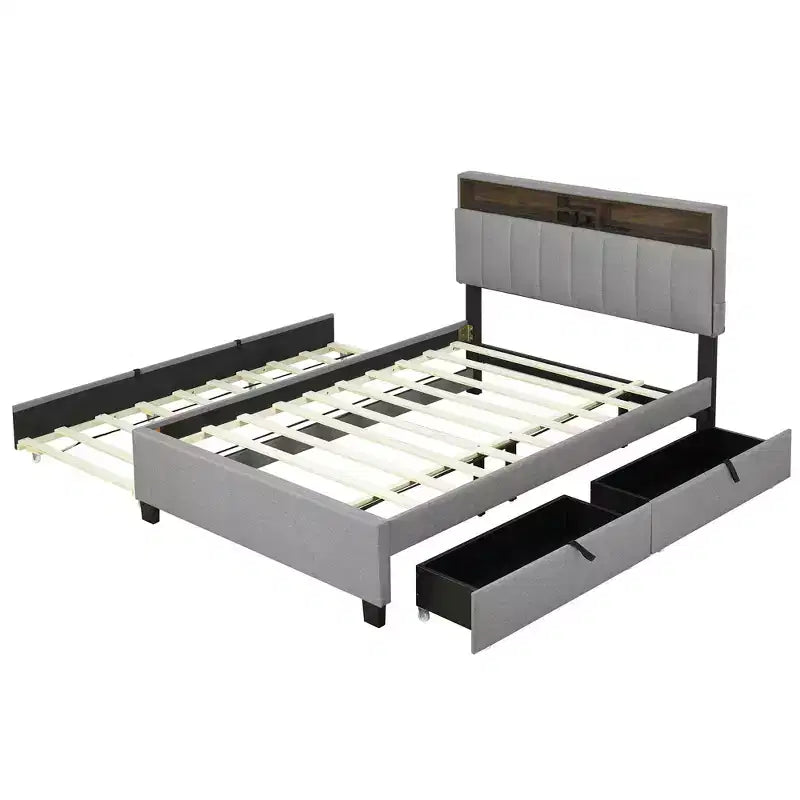 Letto a piattaforma imbottito Full/Queen con testiera contenitore, letto estraibile, 2 cassetti e porte USB
