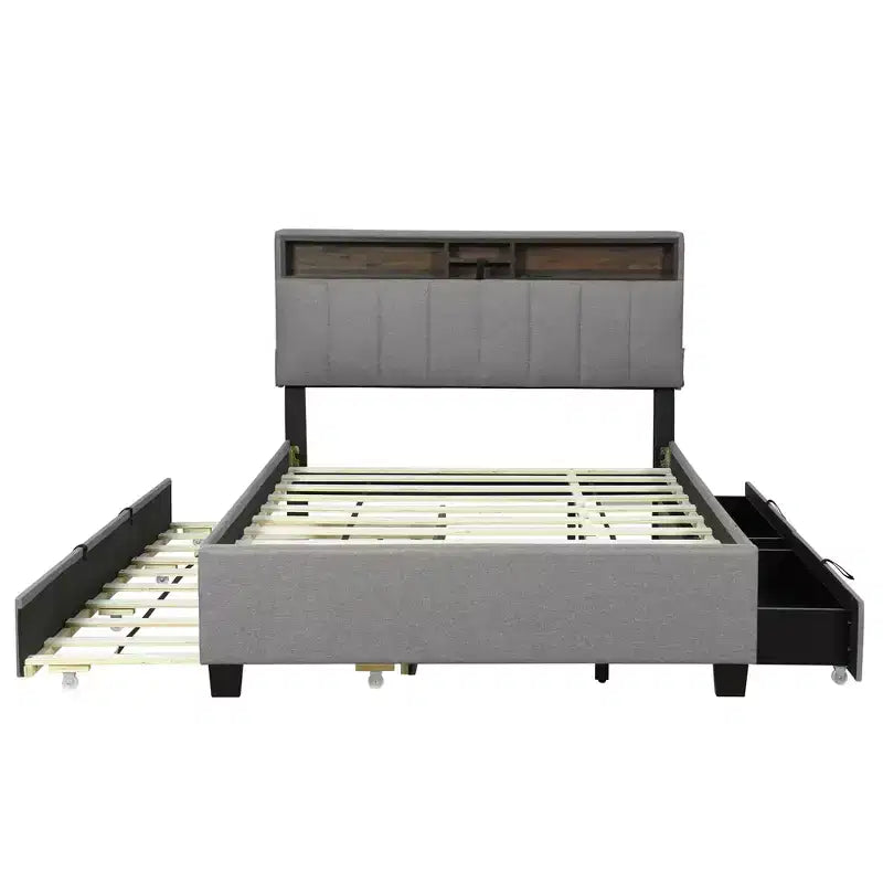 Letto a piattaforma imbottito Full/Queen con testiera contenitore, letto estraibile, 2 cassetti e porte USB