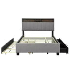 Letto a piattaforma imbottito Full/Queen con testiera contenitore, letto estraibile, 2 cassetti e porte USB