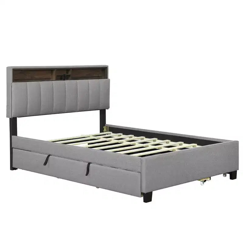 Letto a piattaforma imbottito Full/Queen con testiera contenitore, letto estraibile, 2 cassetti e porte USB