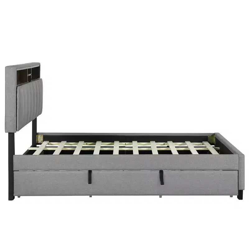 Letto a piattaforma imbottito Full/Queen con testiera contenitore, letto estraibile, 2 cassetti e porte USB