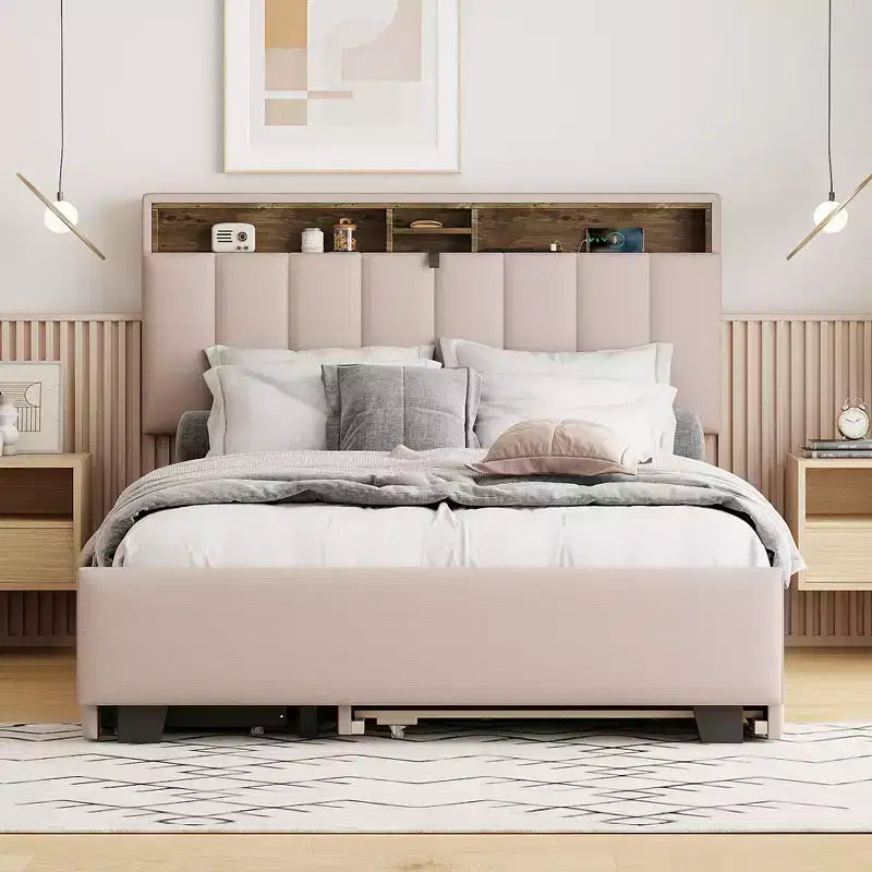 Letto a piattaforma imbottito Full/Queen con testiera contenitore, letto estraibile, 2 cassetti e porte USB