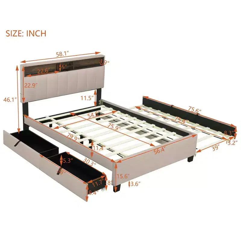 Letto a piattaforma imbottito Full/Queen con testiera contenitore, letto estraibile, 2 cassetti e porte USB