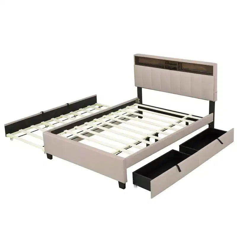 Letto a piattaforma imbottito Full/Queen con testiera contenitore, letto estraibile, 2 cassetti e porte USB