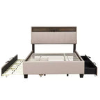 Letto a piattaforma imbottito Full/Queen con testiera contenitore, letto estraibile, 2 cassetti e porte USB