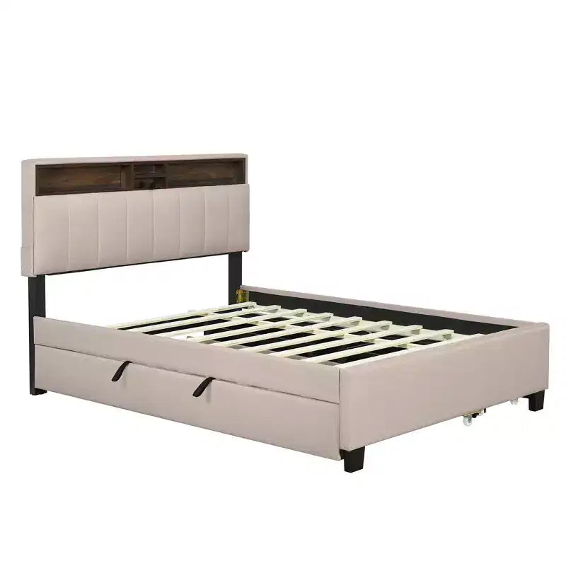 Letto a piattaforma imbottito Full/Queen con testiera contenitore, letto estraibile, 2 cassetti e porte USB