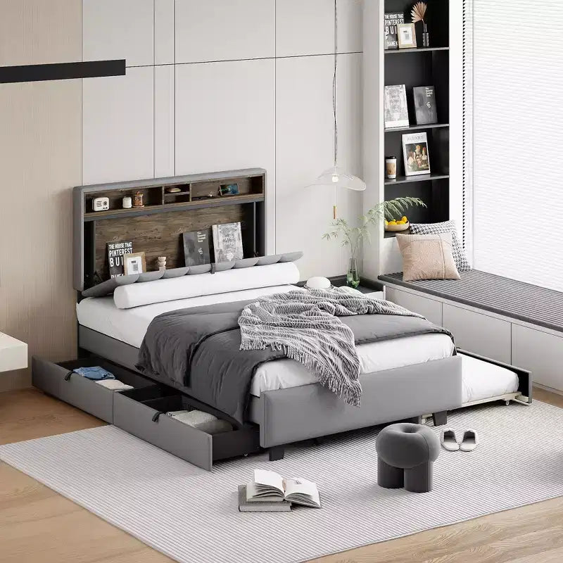 Letto a piattaforma imbottito Full/Queen con testiera contenitore, letto estraibile, 2 cassetti e porte USB