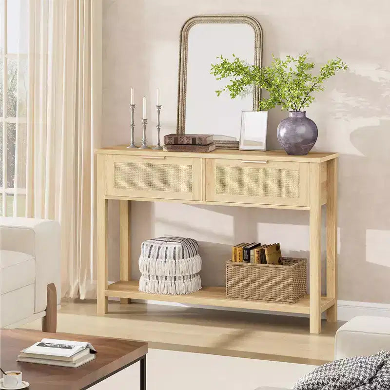 Tavolino da Ingresso con 2 Cassetti, Consolle per Ingresso, Tavolino da Divano in Legno con Contenitore, Consolle Bohemien per Soggiorno, Tavolo per Corridoio e Foyer