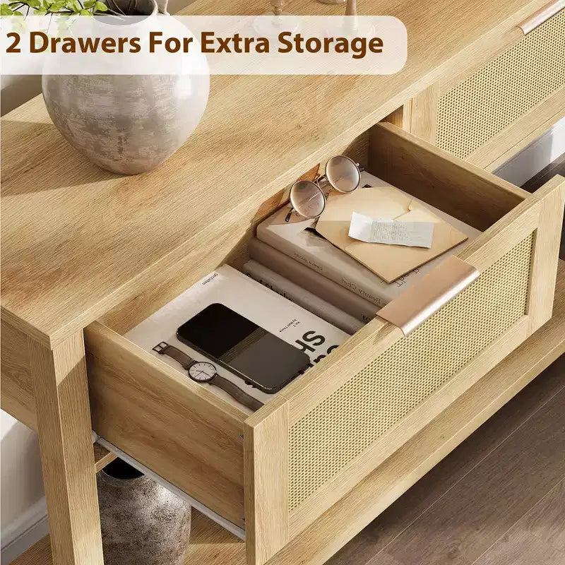 Tavolino da Ingresso con 2 Cassetti, Consolle per Ingresso, Tavolino da Divano in Legno con Contenitore, Consolle Bohemien per Soggiorno, Tavolo per Corridoio e Foyer