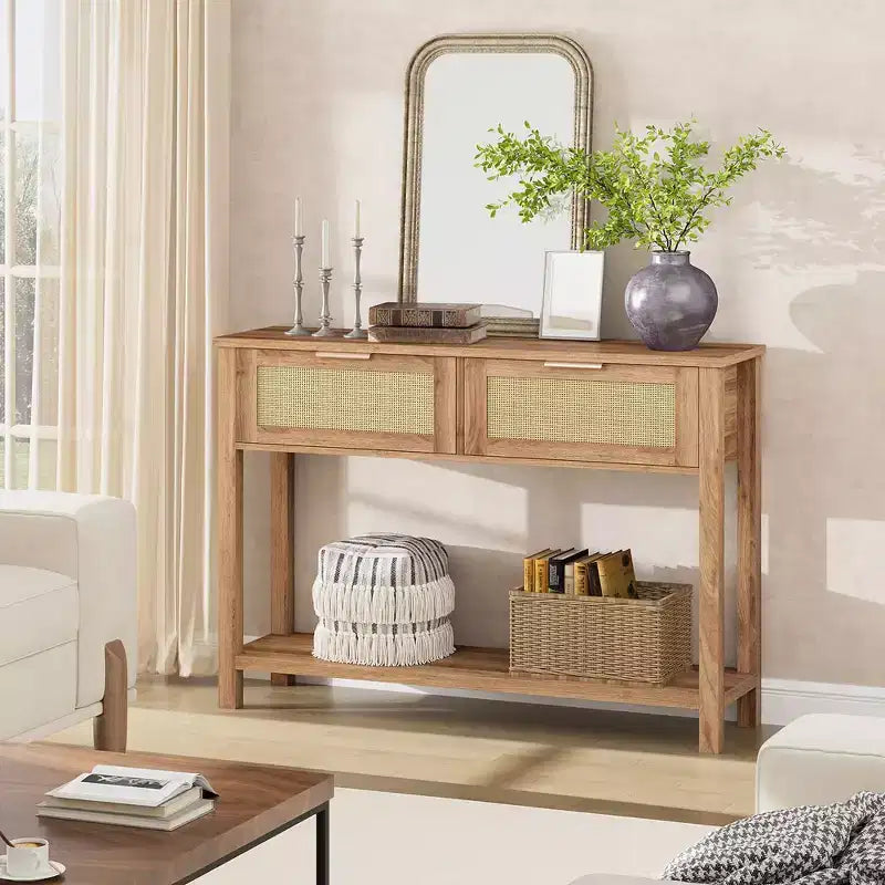 Tavolino da Ingresso con 2 Cassetti, Consolle per Ingresso, Tavolino da Divano in Legno con Contenitore, Consolle Bohemien per Soggiorno, Tavolo per Corridoio e Foyer