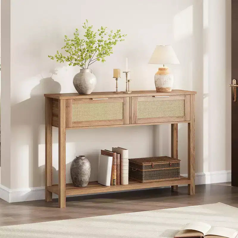 Tavolino da Ingresso con 2 Cassetti, Consolle per Ingresso, Tavolino da Divano in Legno con Contenitore, Consolle Bohemien per Soggiorno, Tavolo per Corridoio e Foyer