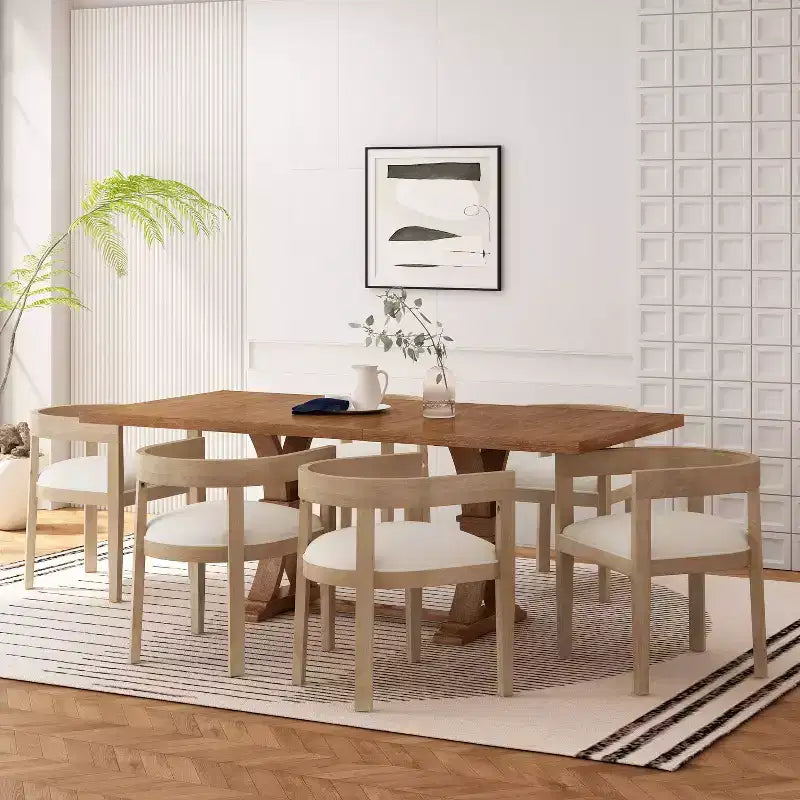 Set da pranzo da 7 pezzi in tessuto e legno con finitura chiara