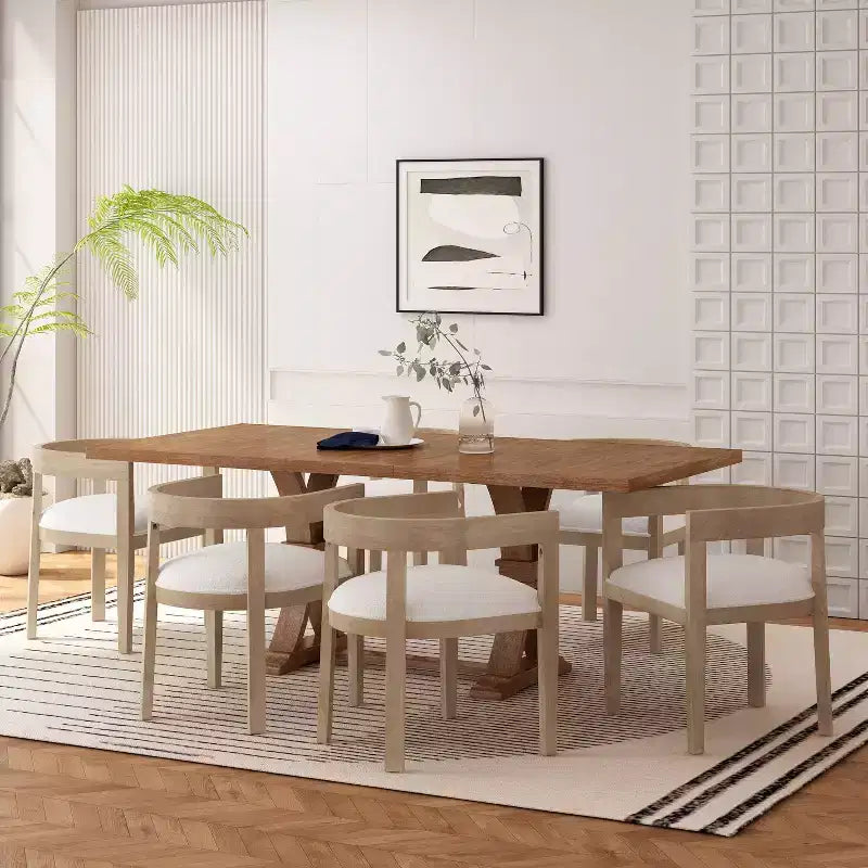 Set da pranzo da 7 pezzi in tessuto e legno con finitura chiara