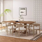 Set da pranzo da 7 pezzi in tessuto e legno con finitura chiara