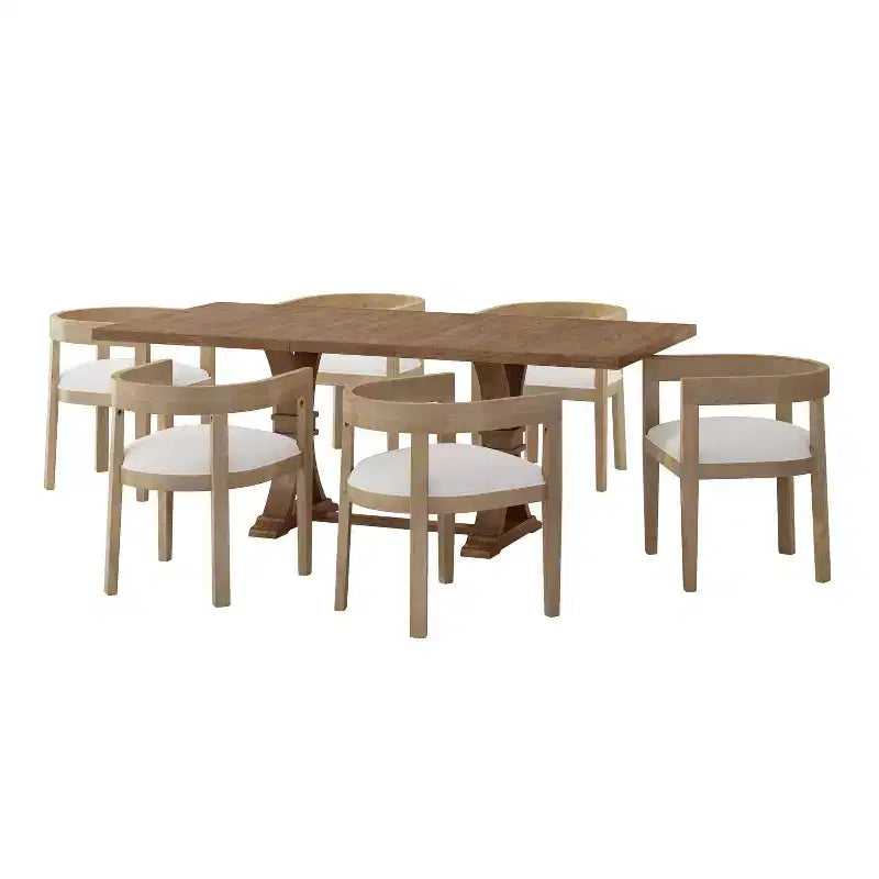 Set da pranzo da 7 pezzi in tessuto e legno con finitura chiara